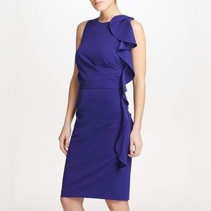 Donna Karan Blue Side Ruffle Ruched Scuba Crepe Sheath Dress Women's Size 4